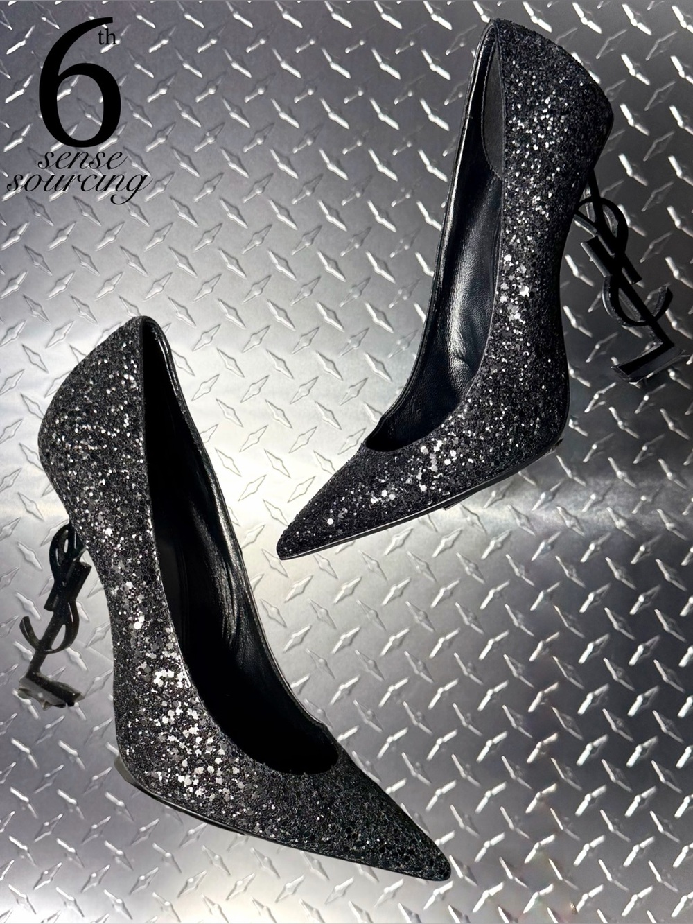 Saint Laurent YSL Opyum Logo Glitter Heels in Black 39